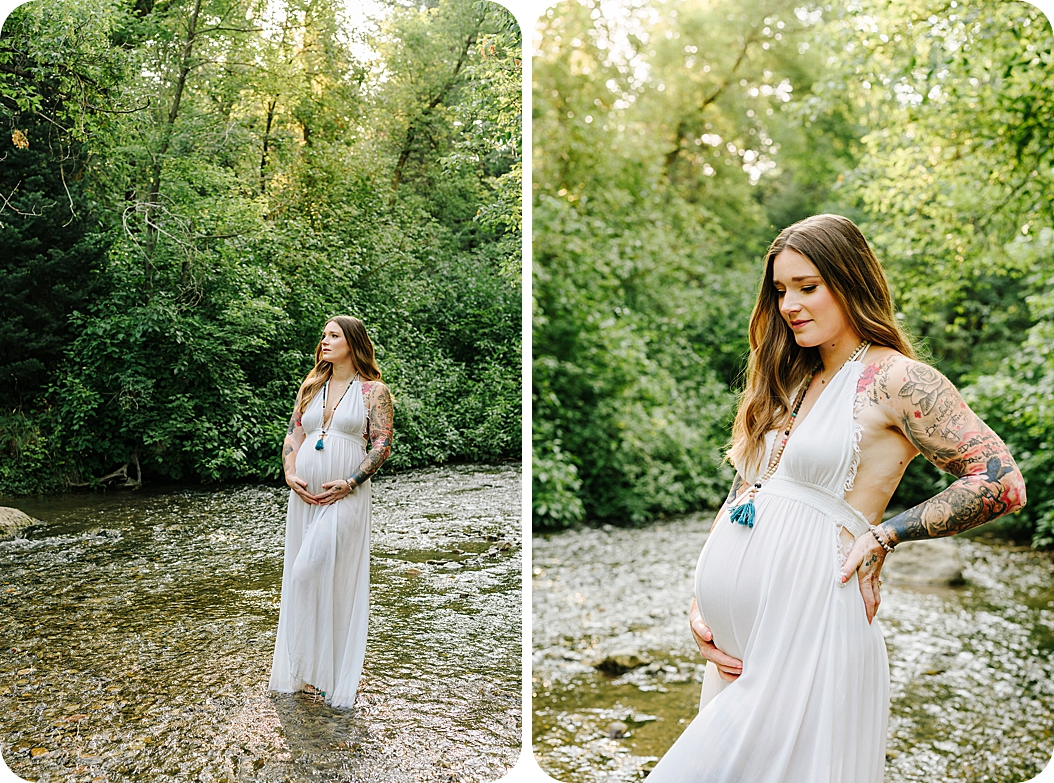 woman stands in river during canyon maternity portraits in Utah