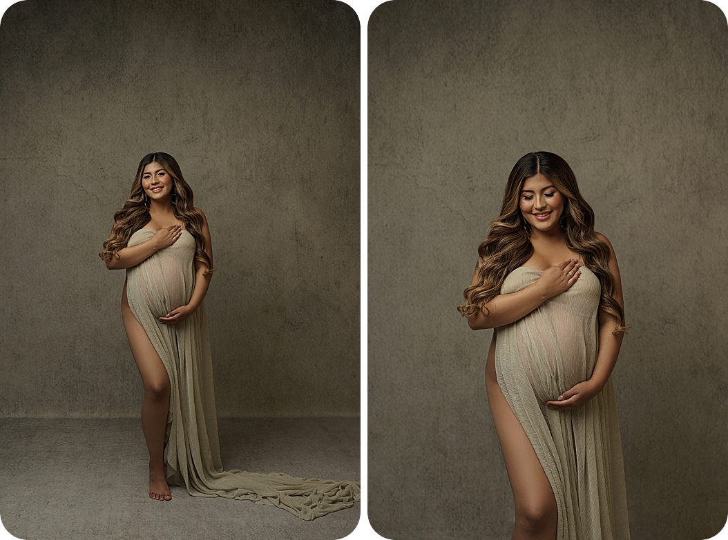 expecting mom holds sheet over belly during fashion inspired maternity session