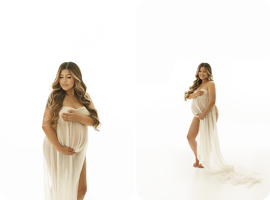 woman in white dress poses during fashion inspired maternity session