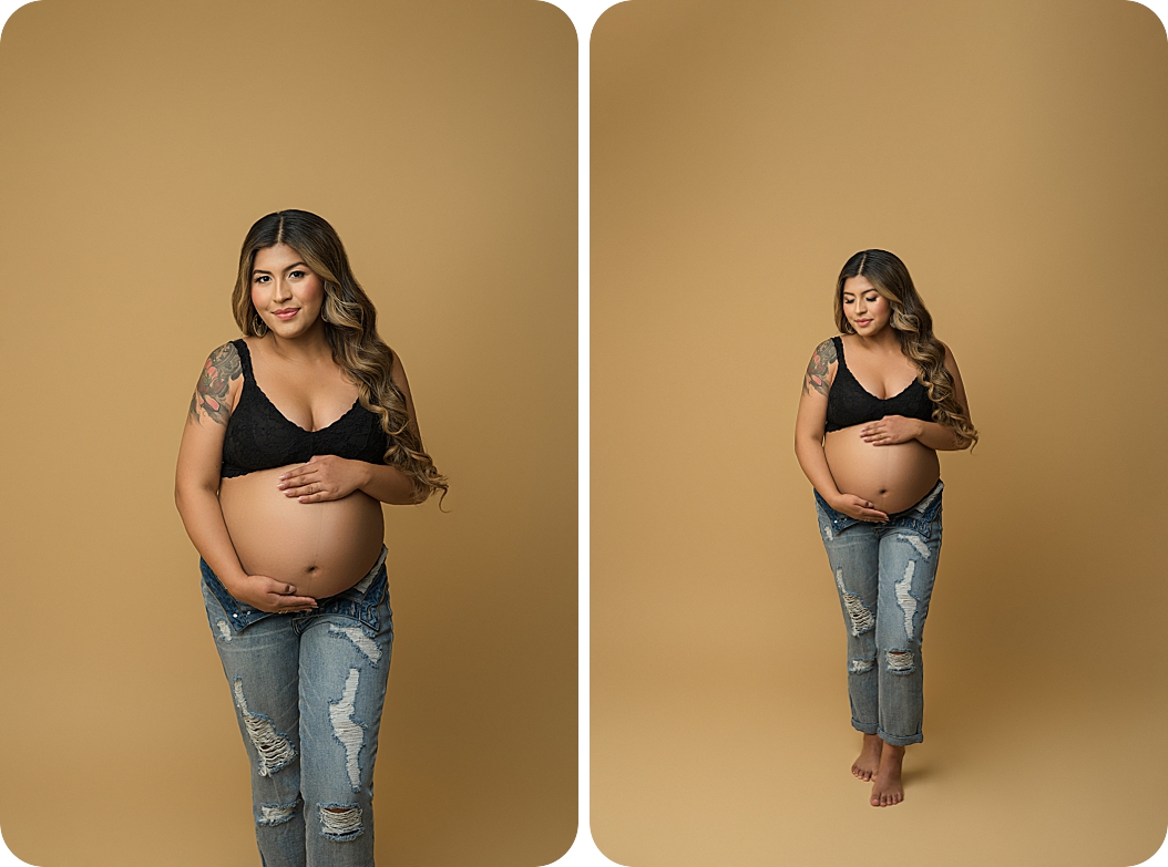fashion inspired maternity session with woman in black bra and jeans
