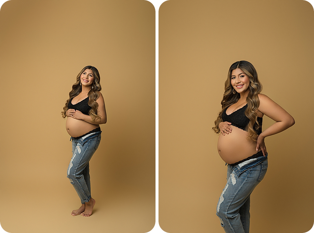 studio maternity session for mom wearing jeans and black bra top