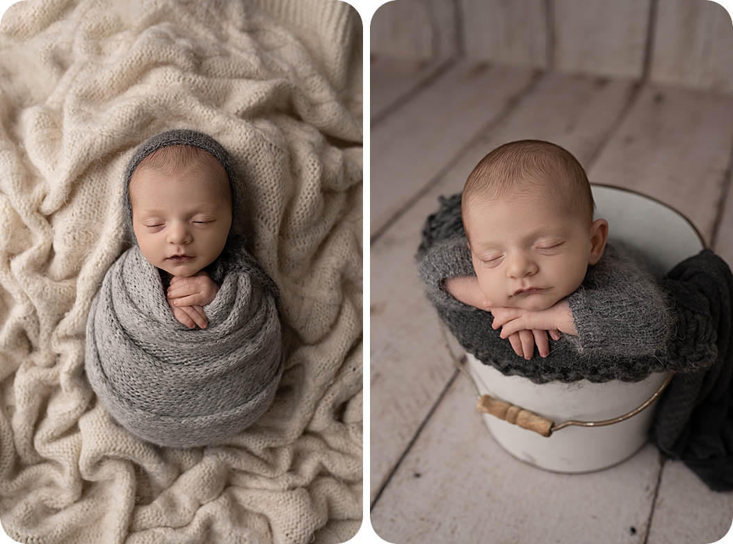 baby boy in wrap sleeps in bucket during neutral toned newborn session
