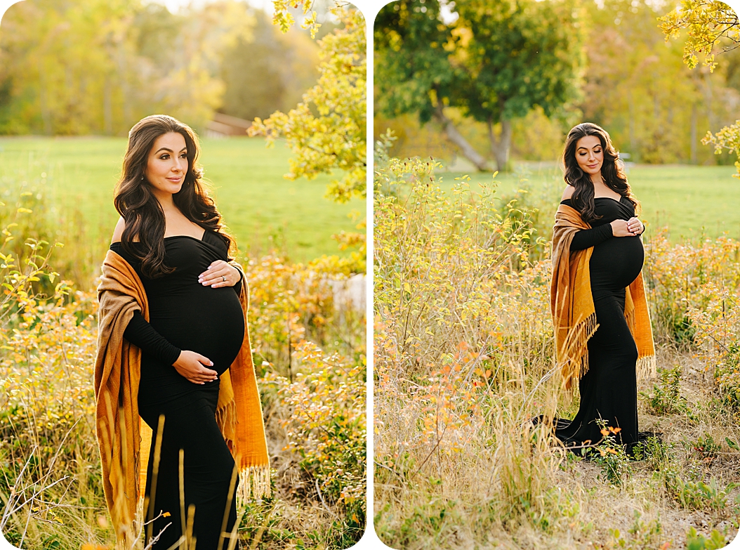 fall maternity portraits with mom in dark gown and yellow wrap