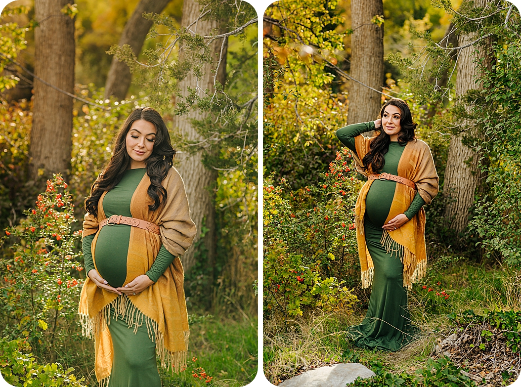 fall maternity portraits for mom in green gown