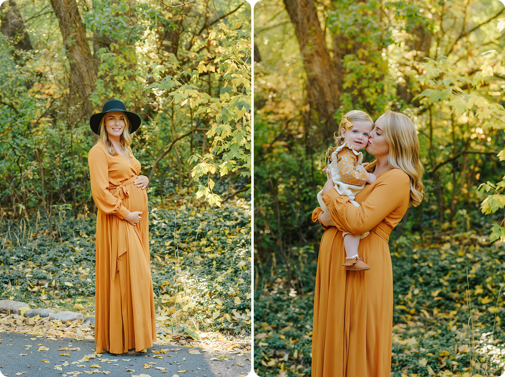 woman in mustard gown holds daughter during fall Maternity Session in Utah
