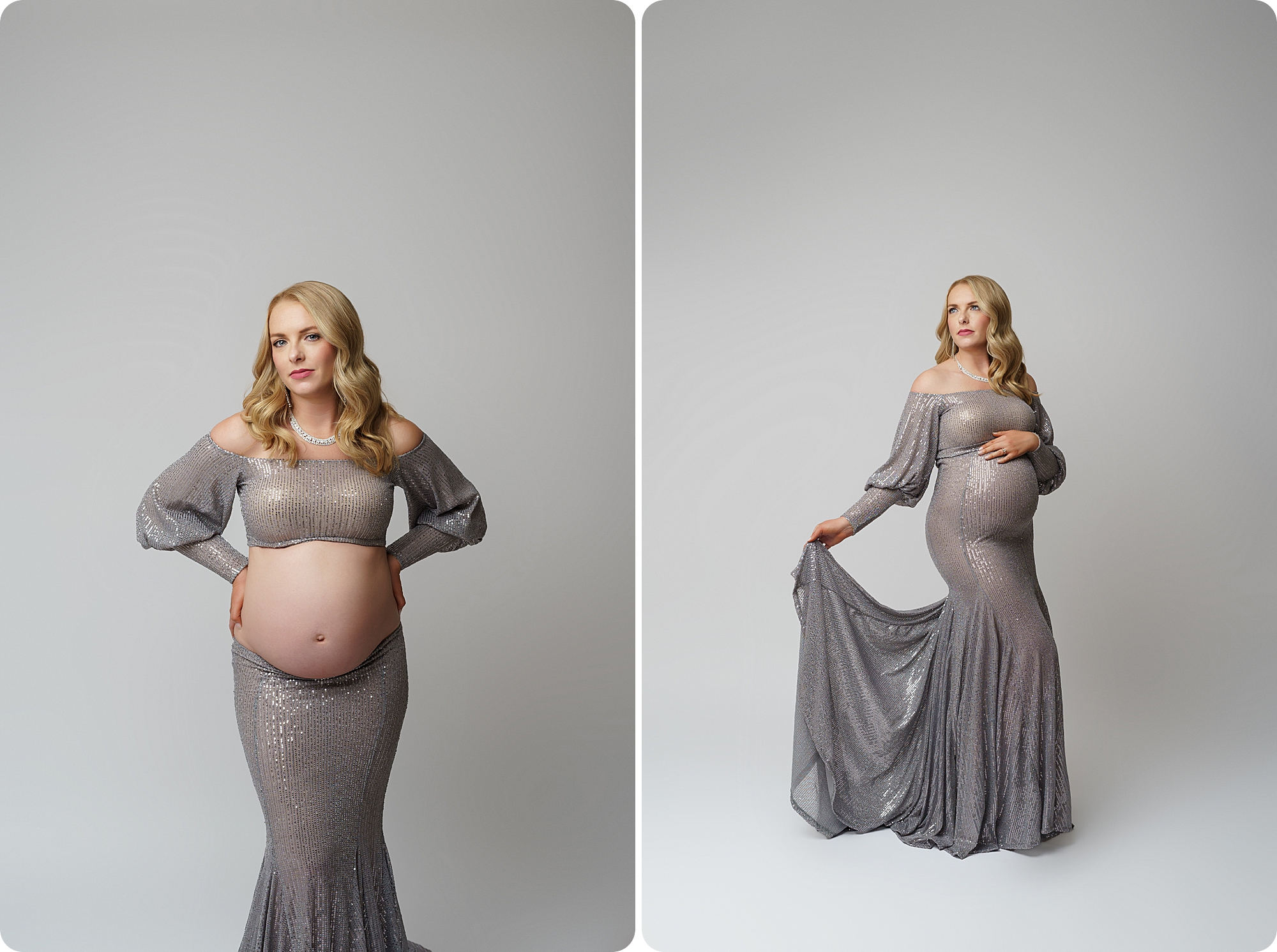 woman in two piece silver gown poses during studio maternity portraits