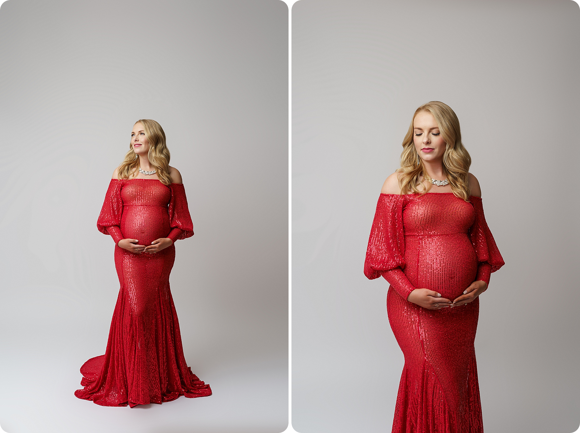 pregnant woman holds stomach during studio maternity portraits