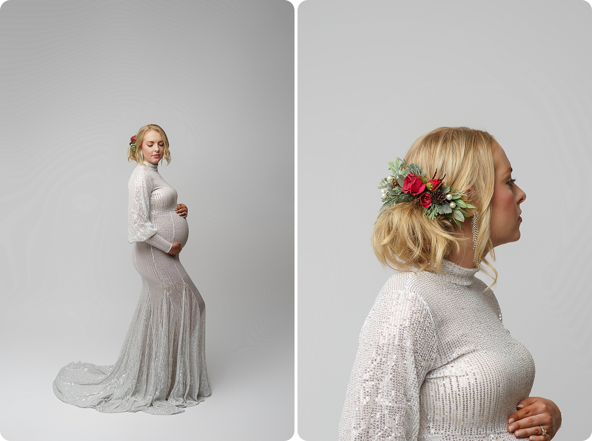 holiday inspired studio maternity portraits for mom in white gown