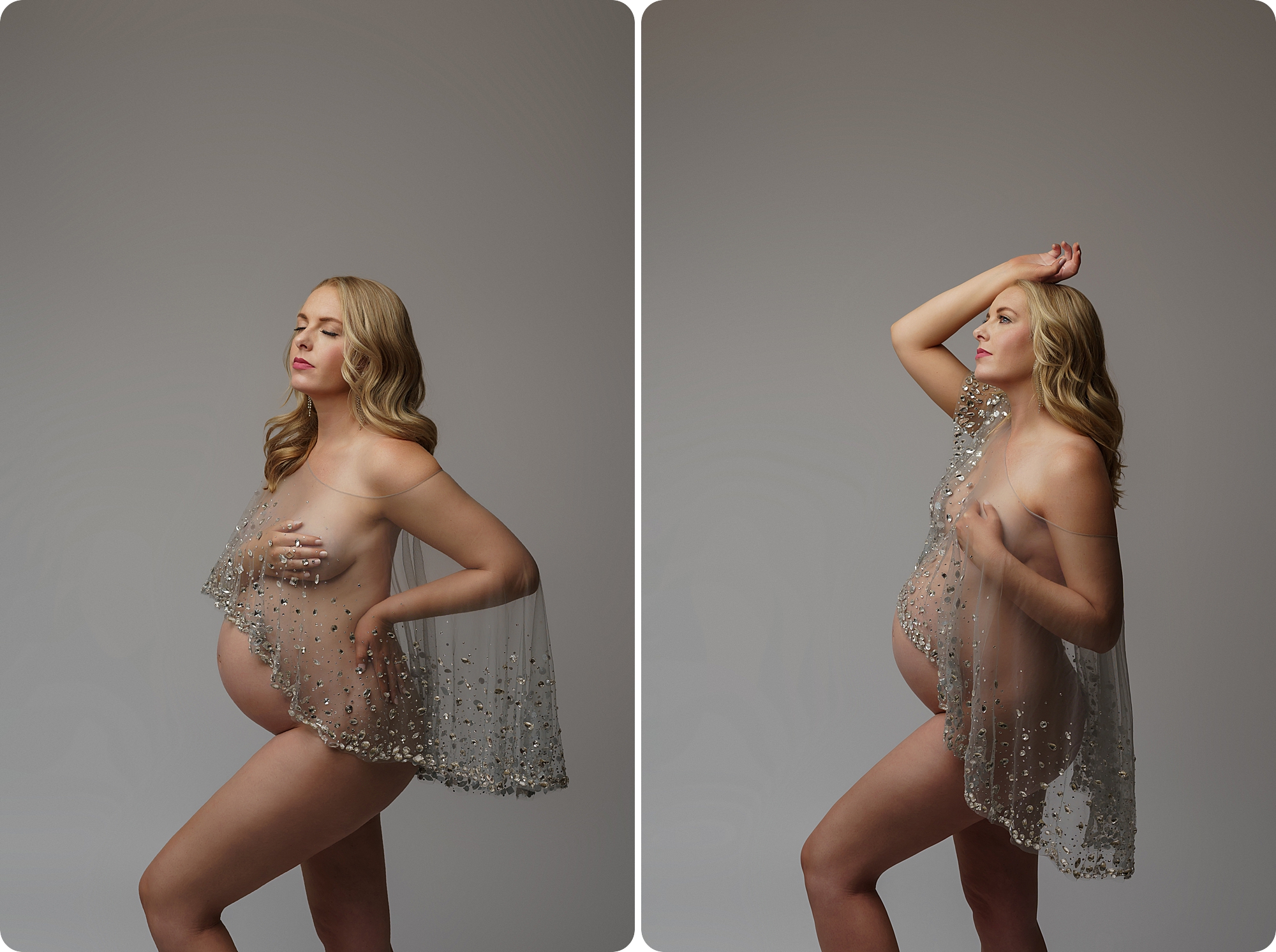 dramatic studio maternity portraits for mom in sheer gown